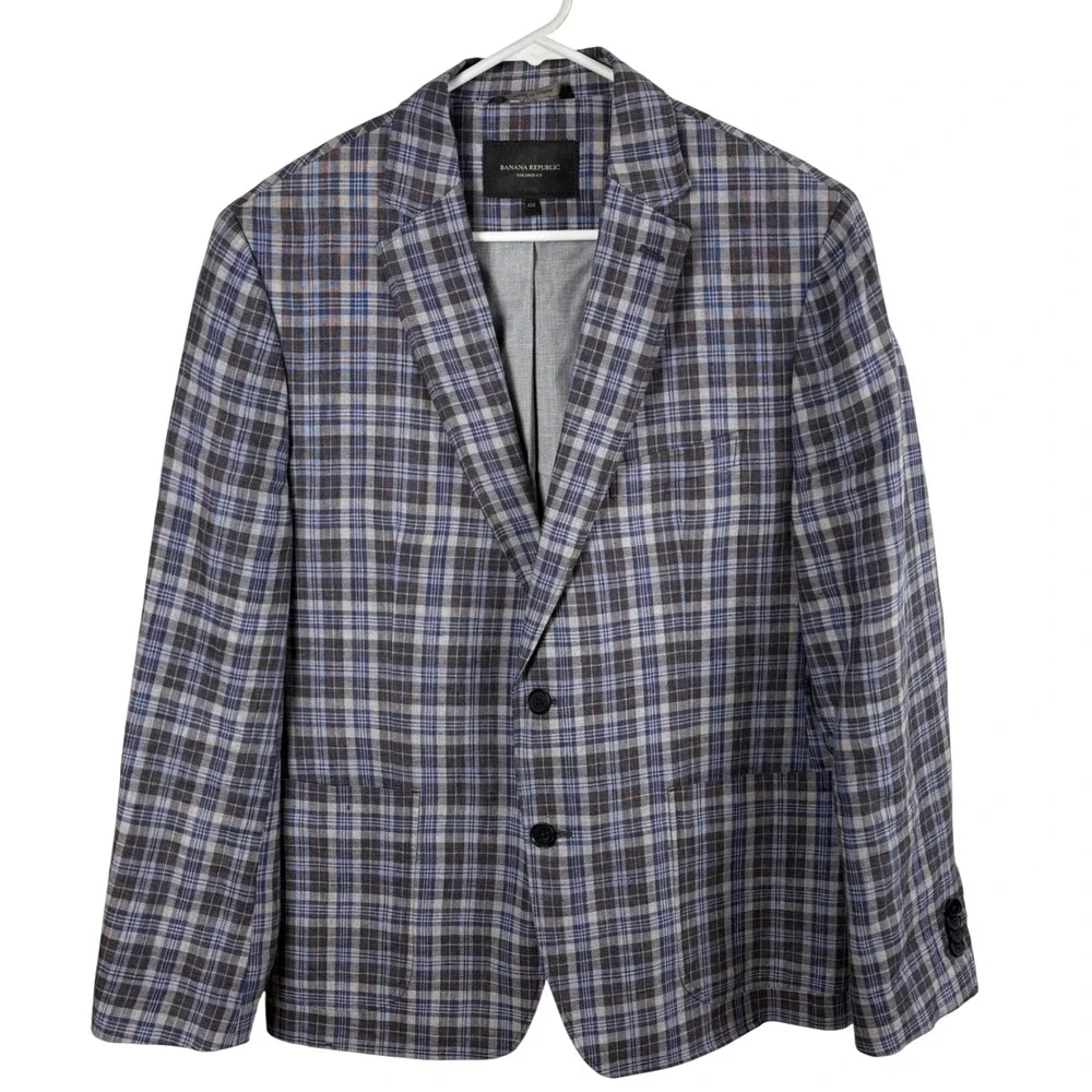 Banana Republic Linen Blazer 42S Blue Gray Brown Plaid Tailored Fit Sport Coat